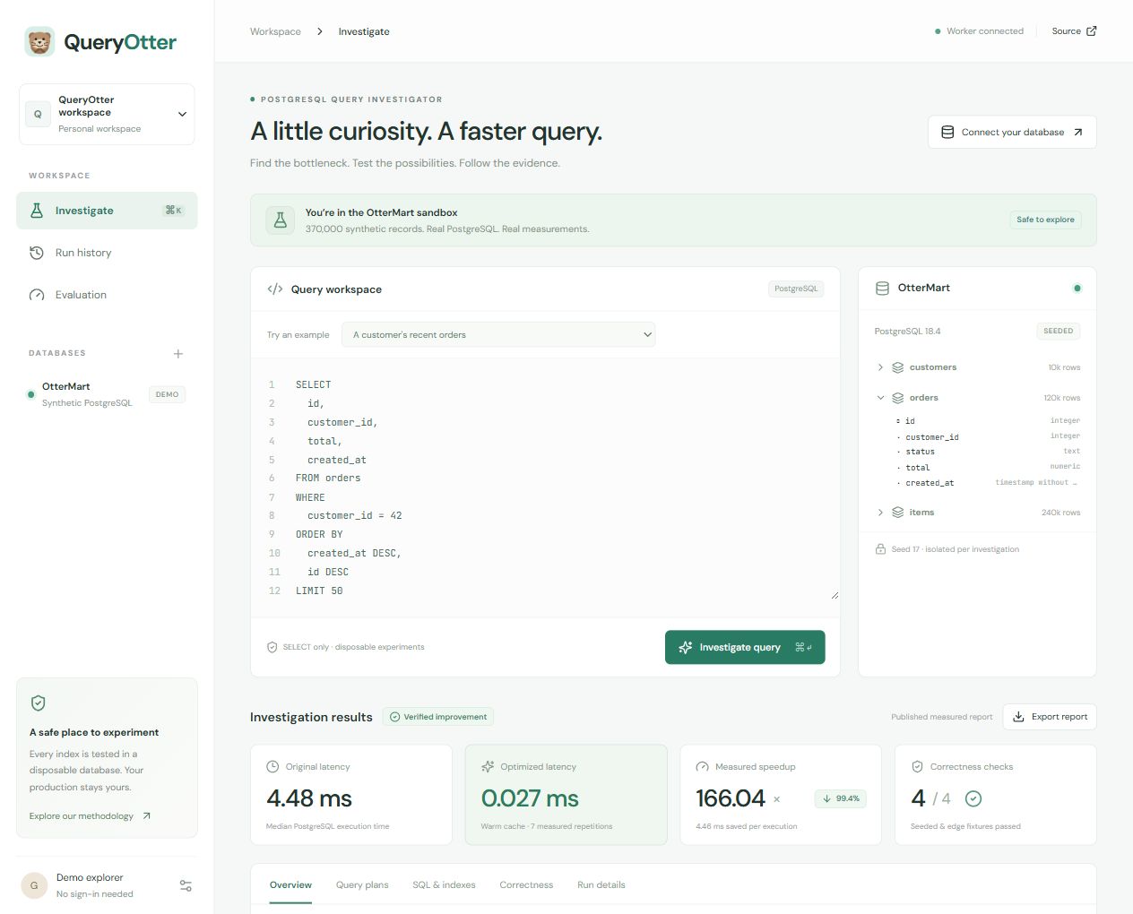 Éditeur de requêtes QueryOtter, schéma PostgreSQL et résultats de benchmark publiés